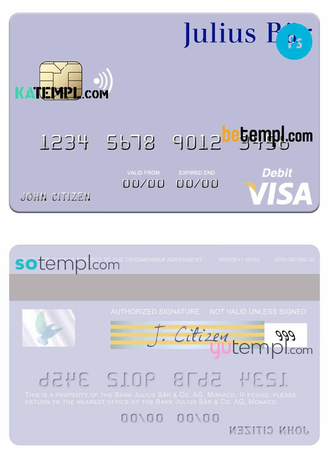 Monaco Julius Bär & Co. AG bank visa debit card, fully editable template in PSD format